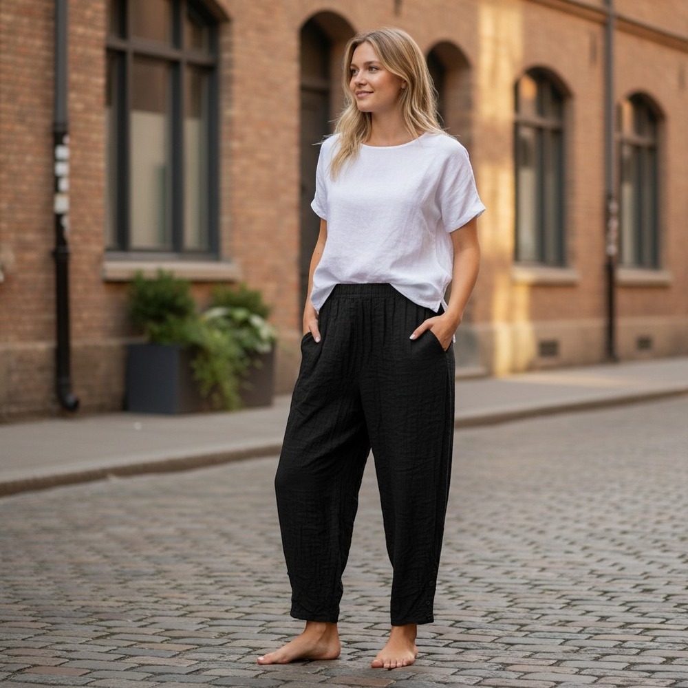 Oh My Gauze Cotton Gauze Pants Womens 2 Black Smocked Hem Boho Relaxed